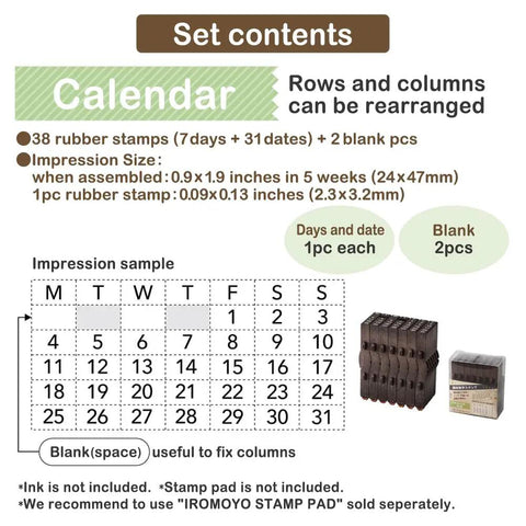 Straight Up Game Changing Perpetual Calendar Stamp Set Featuring 38 Connectable Rubber Date And Weekday Stamps For Smooth Office Admin Hacks And Boss Level Daily Planner Organization layout with 38 modular stamps and sample calendar.