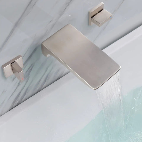 Two Handle Waterfall Wall Mount Tub Faucet In Brushed Nickel, Dope Look, Easy Install Bathroom Waterfall Filler For Bathtub
