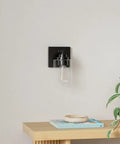 Modern Wall Sconces Set Of Two For Bathroom Vanity Killer Matte Black Finish With Clear Glass Shades on wall above decor.