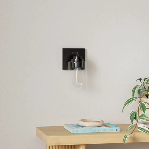 Modern Wall Sconces Set Of Two For Bathroom Vanity Killer Matte Black Finish With Clear Glass Shades on wall above decor.