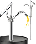 No Frills Heavy Duty Lever Action Drum Pump For 5 To 55 Gallon Drums, with telescopic tube pouring yellow fluid from a barrel.