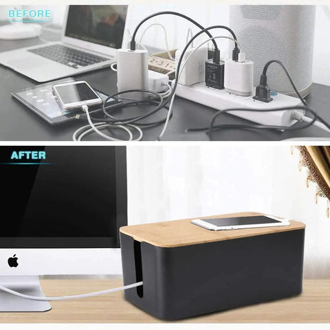 Before and after showing messy cords on desk versus organized with Two Pack Cable Management Box With Bamboo Lid, Large Wires Organizer.