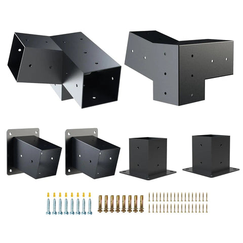 15 Degree Slanted Roof Pergola Bracket Kit With Wall Mount Extension And 3-Way Brackets For Outdoor Pergolas, heavy-duty steel