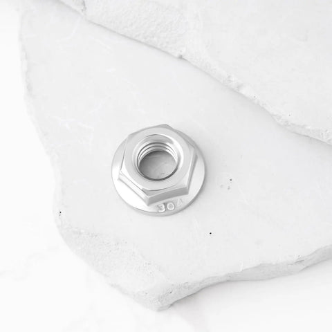 Premium Heavy Duty 4 Pack 5/16 24 Unf Stainless Steel Hex Flange Nut with flanged base on a white surface.