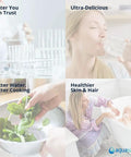 Collage of benefits from Aquasana filtration: lab testing, woman drinking water, cooking with spinach, and bathing child.