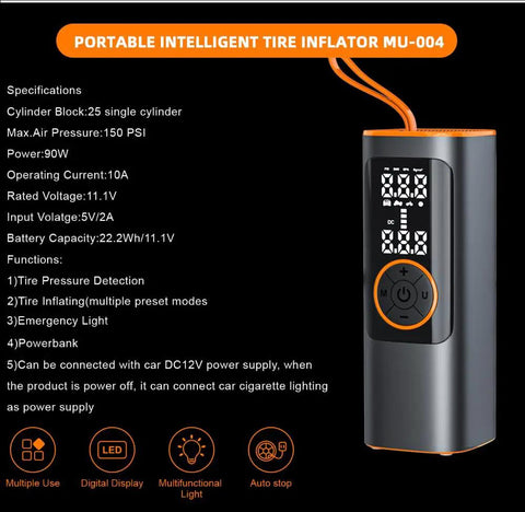 Hot Shot Portable Tire Inflator 150 Psi Air Compressor For Cars Fast 6000 Mah Rechargeable Battery Dual Digital Display Auto Shut Off Led Light Ideal For Bikes And Balls Keep Your Tires Pumped Up With This Quick Handheld Pump Kit