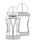 Line drawing of Zip Front Scrub Vest With Detachable Hood For Women, Stretch Fabric, Flattering Fit, Princess Seams, Plenty Of Pockets, XS-3XL.