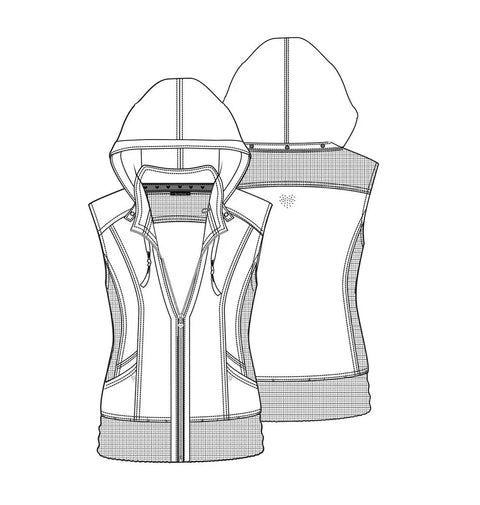 Line drawing of Zip Front Scrub Vest With Detachable Hood For Women, Stretch Fabric, Flattering Fit, Princess Seams, Plenty Of Pockets, XS-3XL.