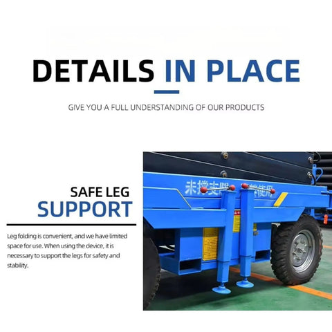 Tough Job Heavy Duty Electric Scissor Lift Platform Featuring Smooth Hydraulic Power And Self Powered Rough Terrain Chassis For Stress Free Warehouse Grinds, showing safe leg support system.