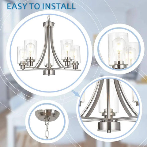 Traditional 5 Light Chandelier In Brushed Nickel With Clear Glass Shades Dope Modern Hanging Pendant Lighting For Kitchen Dining