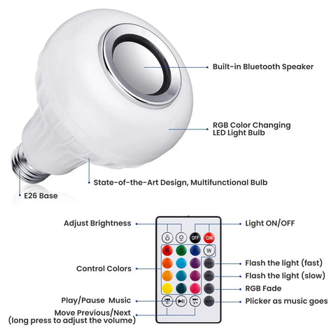 Color Changing Bluetooth LED Light Bulb With Built In Speaker Remote And App Control E26 Base White To Multicolor Lit Mood Lighting For Home Parties Bedroom And Living Room Easy Setup
