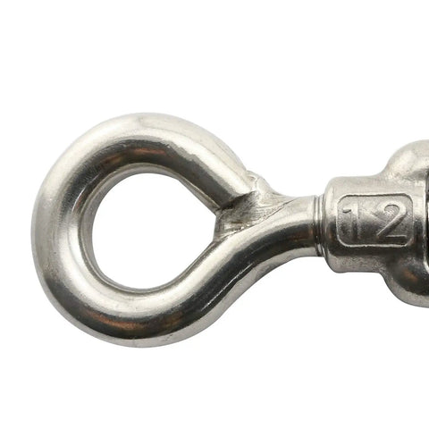 Close-up of M12 stainless steel hook eye turnbuckle from Built Tough 304 Stainless Steel Hook Eye Turnbuckles, 80 Piece Kit.