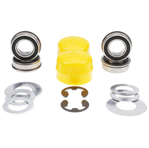 Front Wheel Bearing Bushing to Bearing Conversion Kit for John Deere Tractors L100 Through LA175 Easy Install Durable Front Hub Upgrade Replaces Worn Bushing for Smoother Steering and Longer Lifespan. Metal bearings, washers, and yellow bushings set