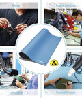 ESD Soldering Mat Blue 600mm By 900mm Pro Grade Large Work Surface With Two 10mm Press Stud Connectors shown in various work settings