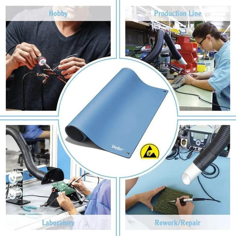 ESD Soldering Mat Blue 600mm By 900mm Pro Grade Large Work Surface With Two 10mm Press Stud Connectors shown in various work settings