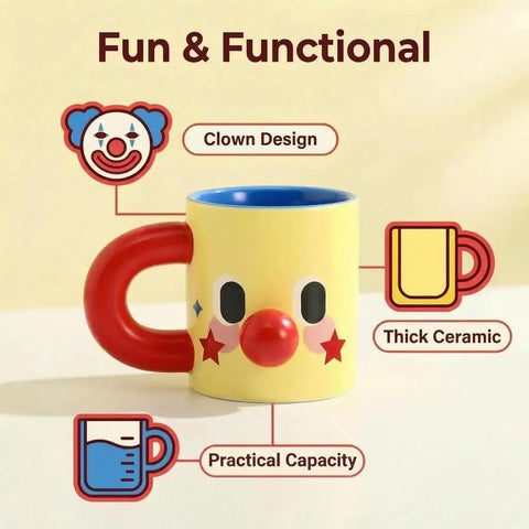 Clown Face Ceramic Mug 10 oz yellow coffee cup with blue interior, red handle, and 3D nose, fun design, durable, dishwasher safe