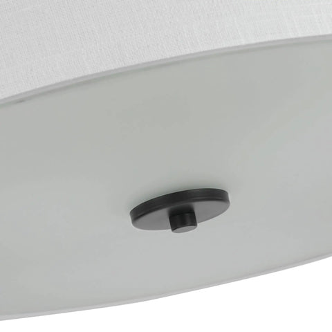 Close-up of Graphite Three Light Semi Flush Ceiling Mount Fixture From Inspire Collection showing the base and linen shade.