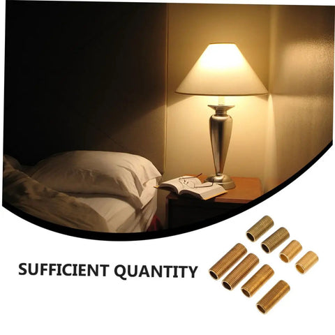 Brass Lamp Rod Nipple Threaded Couplings Kit near illuminated bedside lamp with open book