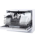 Real Deal Compact Countertop Dishwasher For Modern Kitchens Clean Cycle For Six Place Settings With A Durable Stainless Steel Tub and dishes inside.
