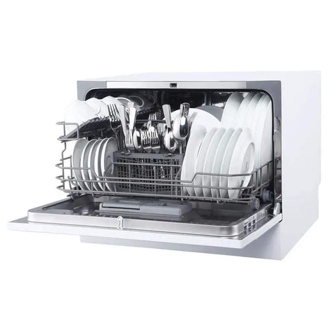 Real Deal Compact Countertop Dishwasher For Modern Kitchens Clean Cycle For Six Place Settings With A Durable Stainless Steel Tub and dishes inside.