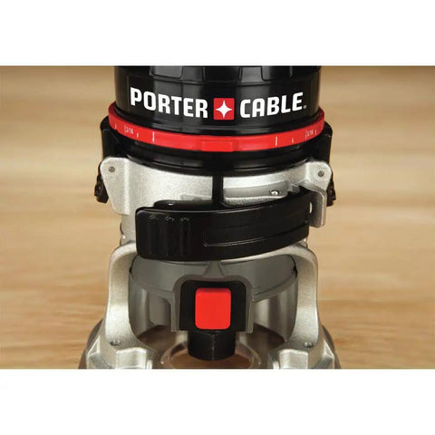 Corded Router With 4.5 Amp Motor And 31,000 RPM, Quarter Inch Laminate Trim, Quick Release Clips, close-up on base and logo