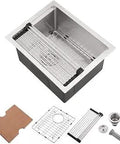 17 Inch Undermount Bar Sink With Cutting Board, 16 Gauge Stainless Steel Single Bowl Deep Wet Bar Kitchen Sink, Ideal For Small Kitchens, RVs, Outdoor Counters, And Workstation Prep, shown with accessories.