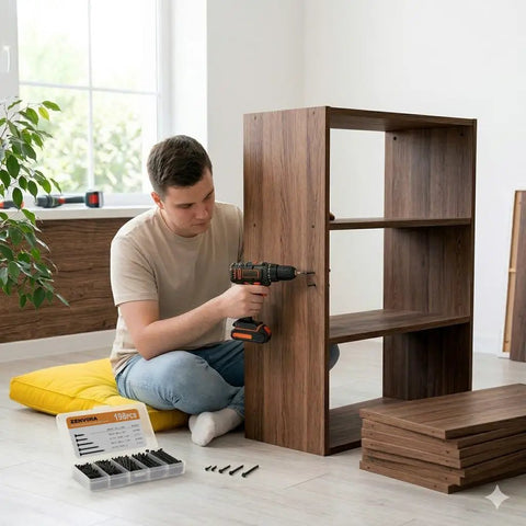 Man using 198 Piece Black Phosphated Screw Kit With Multi Size Assortment for DIY bookshelf assembly