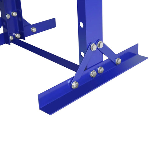 Close-up of blue H-frame base of Heavy Duty 12 Ton Hydraulic Shop Press With H Frame Garage Floor Workhorse Adjustable Working Table Height Thick Steel Plates Powder Coated Durable Carbon Steel Construction Perfect For Auto Body Metalworking And Home Shops