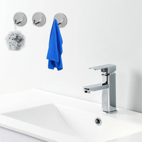 6 Pcs Stainless Steel Wall Hooks Zero Damage Install No Sweat Mount Heavy Duty Coat And Hat Hangers Punch Free Bath Towel Hooks Kitchen Racks Ridiculously Sturdy Versatile Home Storage Solution Gift Set with blue towel and loofah.