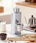 Hitting The Sweet Spot With Next Level Electric Single Dose Coffee Grinder 83Mm Steel Conical Burrs Stepless Adjustment And Zero Static Control For Barista Grade Espresso Filter Brews Black in silver, showcasing coffee ground cup.
