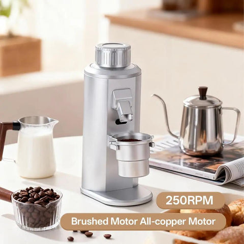 Hitting The Sweet Spot With Next Level Electric Single Dose Coffee Grinder 83Mm Steel Conical Burrs Stepless Adjustment And Zero Static Control For Barista Grade Espresso Filter Brews Black in silver, showcasing coffee ground cup.