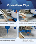 1/4 inch diamond core drill bit tips infographic showing 45°, 90° drill, upright position, and 360° rotation.