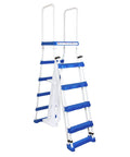 5 Step A Frame Pool Ladder for Above Ground Pools with No Slip Treads and Inside Barrier White and Blue Easy Handrails Fits 48 to 52 Inch Side Walls close view