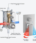 Diagram of 10 Inch Rain Shower Head System With Handheld Spray showing thermostatic valve and water connections.