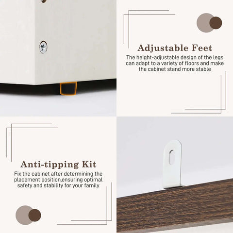 Adjustable feet and anti-tipping kit of 4 Door Armoire Wardrobe With Sliding Barn Doors LED Lighting Drawers And Hanging Rod Freestanding Wooden Closet In Antique White Finish For Bedroom Storage
