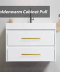 Modern bathroom vanity with 10 Pack Brushed Brass Finish Stainless Steel Cabinet Handles And Drawer Pulls For Kitchen And Bathroom Cupboards, 6 Inch Overall Length mounted.