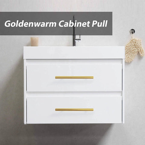 Modern bathroom vanity with 10 Pack Brushed Brass Finish Stainless Steel Cabinet Handles And Drawer Pulls For Kitchen And Bathroom Cupboards, 6 Inch Overall Length mounted.