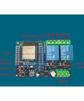 Dual Channel 5V Relay Module For ESP32 Maker Friendly with I/O and UART ports, featuring 4MB Flash, top view.
