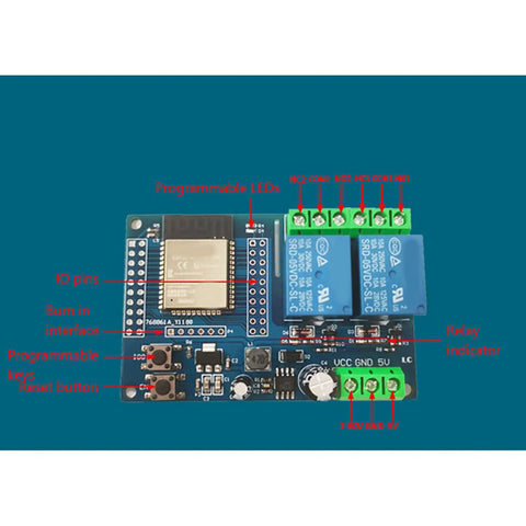 Dual Channel 5V Relay Module For ESP32 Maker Friendly with I/O and UART ports, featuring 4MB Flash, top view.
