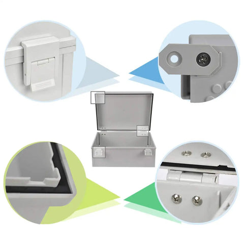 Dustproof Waterproof IP65 Junction Box In ABS Plastic showing lockable design, corner detail, waterproof seal, and hinge view