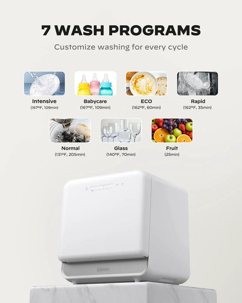 Plug And Play Portable Countertop Dishwasher With Zero Plumbing Hookup Five Liter Tank Seven Wash Cycles for Apartment Dwellers RV Camper or Dorm featuring Auto Dry and Heavy Duty Grime Smasher.