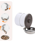 Wall Mounted Automatic Cat Feeder With WiFi Remote And 4 Liter Bin, showing food dispensing mechanism and stainless bowl.