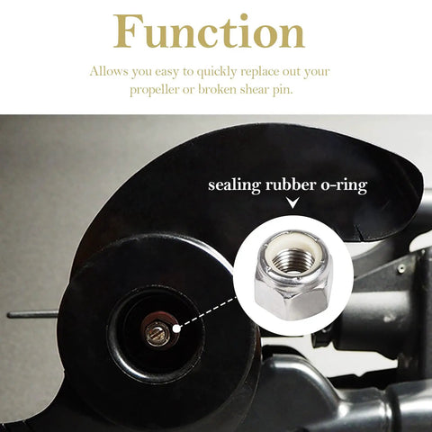 Close-up of trolling motor with Prop And Nut Kit E For MKP-34 Compatible With MKP-33 And MKP-38, showing sealing rubber O-ring.