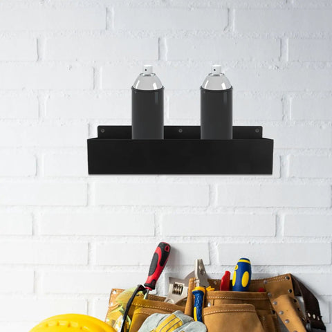 Wall Mount Spray Can Holder And Tool Rack Heavy Duty Metal Storage Shelf for aerosol cans on white brick wall