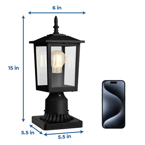 Outdoor Post Light Fixture With Dusk To Dawn Sensor Six Inch Aluminum Lantern With Clear Glass for patio and garden path.