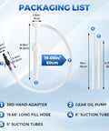 Gearhead Heavy Duty Transmission Fluid Pump packaging list with measurements and components including fill hose and suction tubes