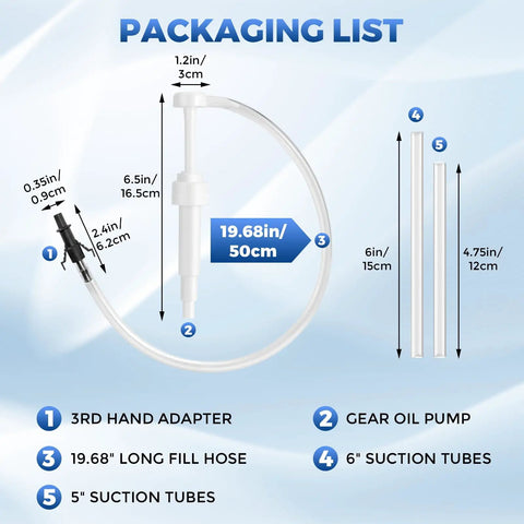 Gearhead Heavy Duty Transmission Fluid Pump packaging list with measurements and components including fill hose and suction tubes