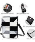 Super Chic Black And White Piano Grid Phone Pouch With Adjustable Crossbody Strap Hella Protective Lightweight Cell Phone Purse, showing interior card slots and soft lining.