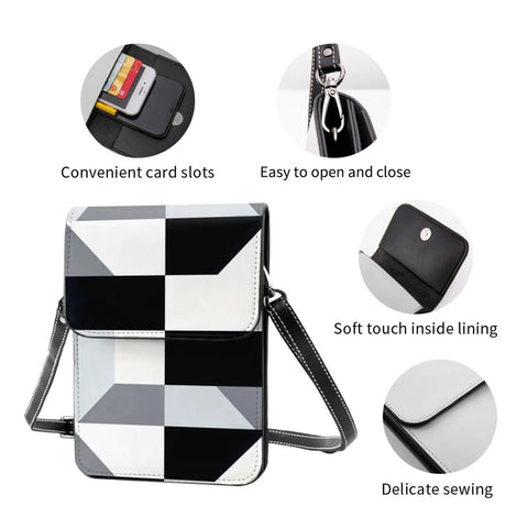 Super Chic Black And White Piano Grid Phone Pouch With Adjustable Crossbody Strap Hella Protective Lightweight Cell Phone Purse, showing interior card slots and soft lining.