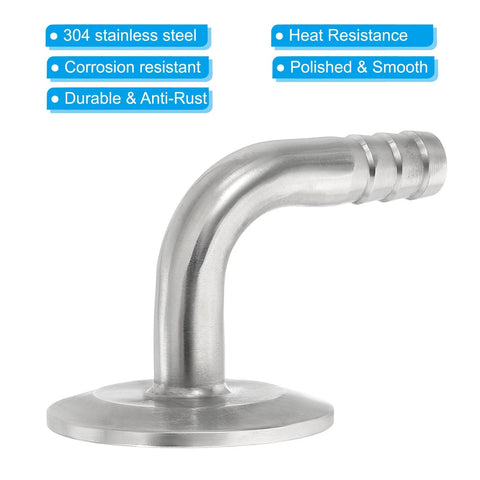 90-degree stainless steel tri-clamp elbow with hose barb, 0.5 in tube size.